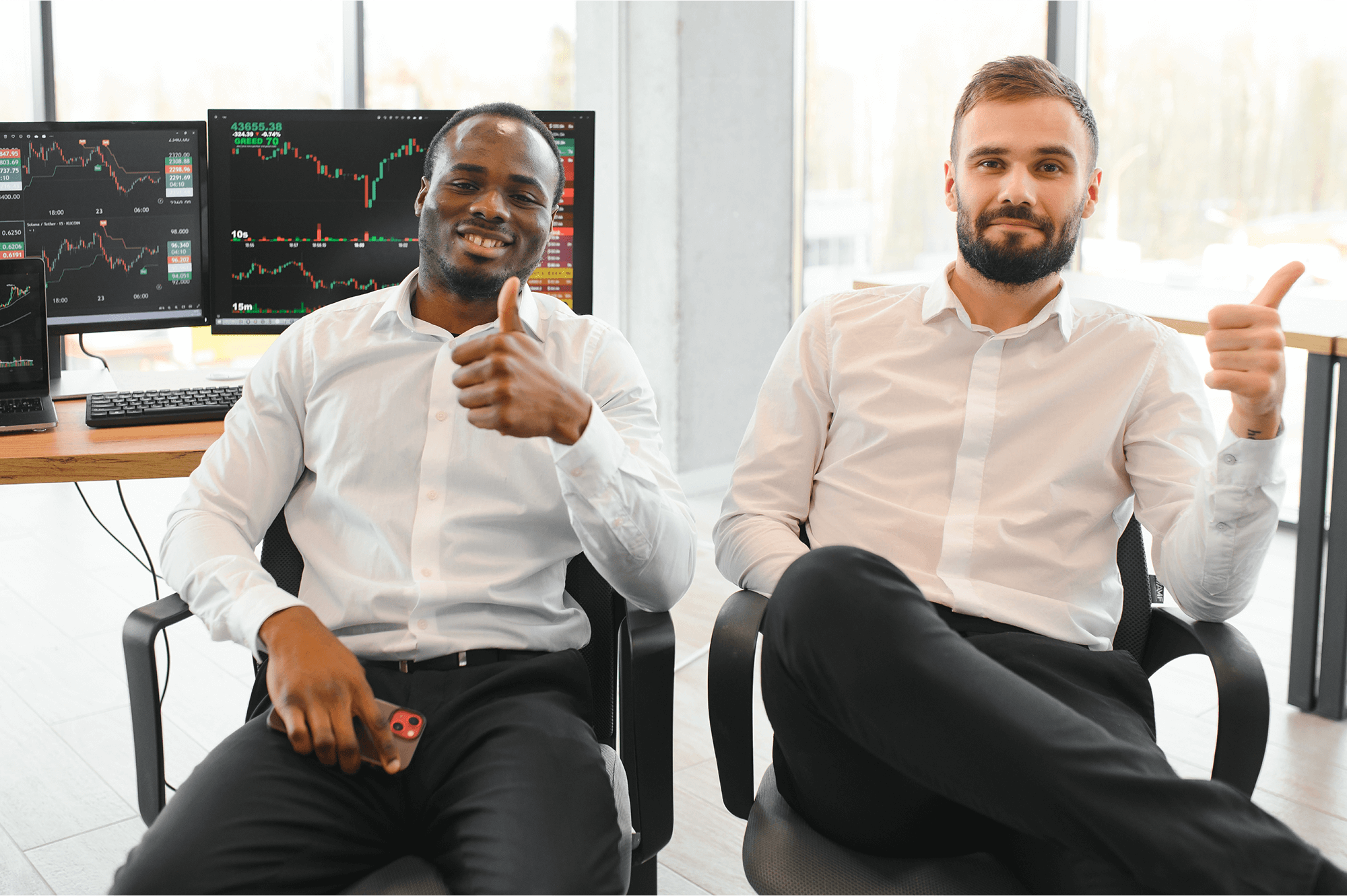 two-diverse-crypto-traders-brokers-stock-exchange-market-investors-discussing-trading-charts-research-repor